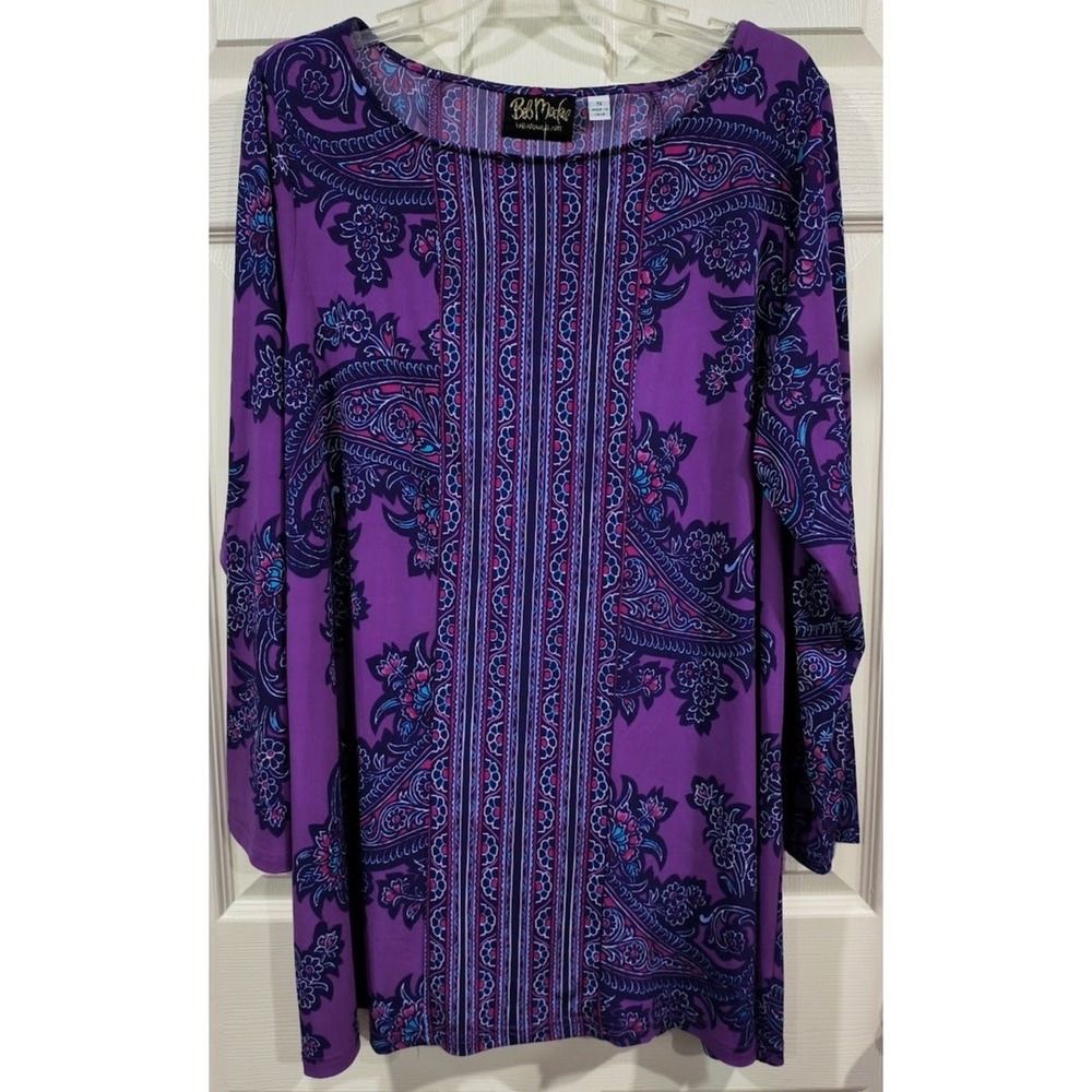 Bob Mackie Wearable Art Purple Paisley Floral Stripes Tunic Top Womens 1X NWT